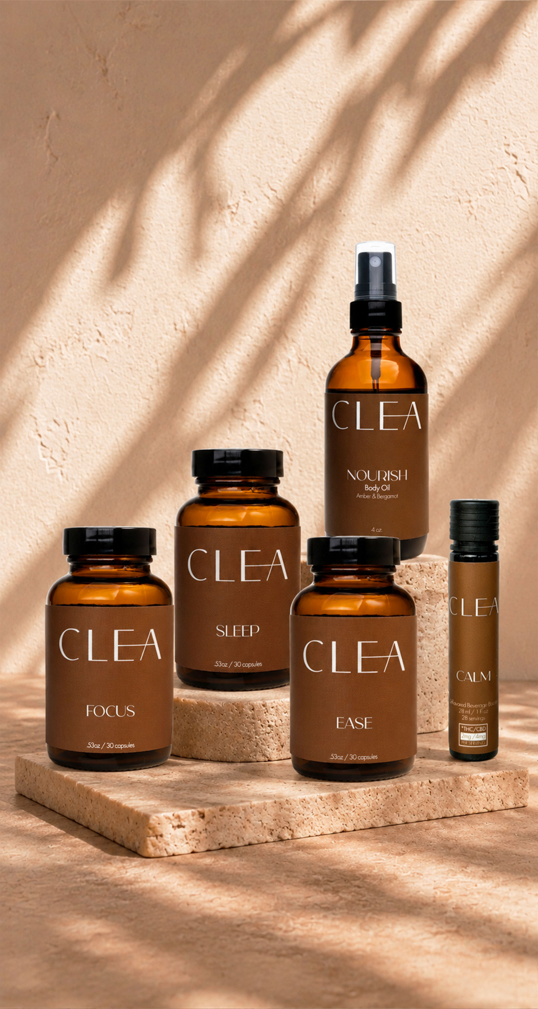 The CLEA Midlife range: FOCUS, SLEEP, EASE, NOURISH and CALM in amber glass bottles